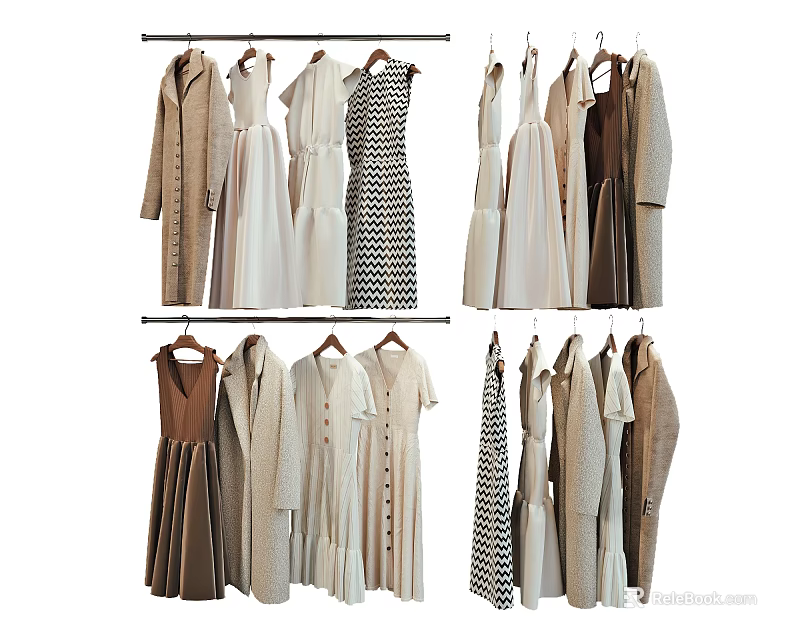 Stylish Hanging Clothes Collection With Dresses Coats Shirts In Neutral Beige Brown White Tones 3d model 