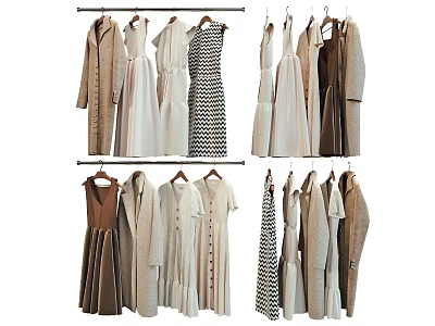 Stylish Hanging Clothes Collection With Dresses Coats Shirts In Neutral Beige Brown White Tones 3d model