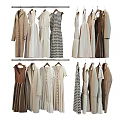 Stylish Hanging Clothes Collection With Dresses Coats Shirts In Neutral Beige Brown White Tones