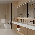 Modern Bathroom With Freestanding Bathtub Glass Shower Enclosure Marble Countertop Wooden Cabinets Large Window Blinds