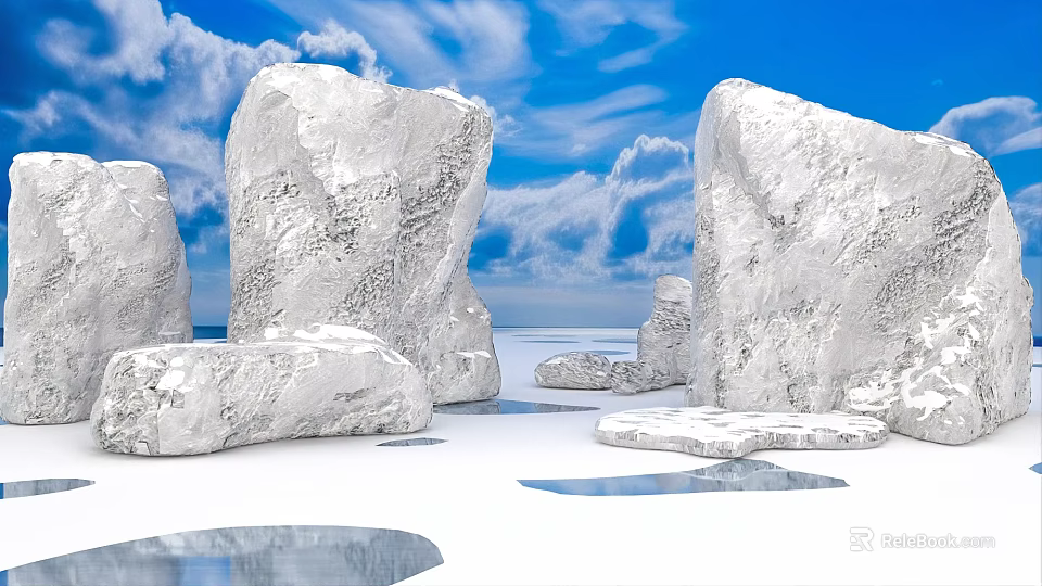 White Stone Landscape Under Blue Sky With Fluffy Clouds And Shallow Puddles 3d model 