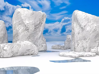 White Stone Landscape Under Blue Sky With Fluffy Clouds And Shallow Puddles 3d model
