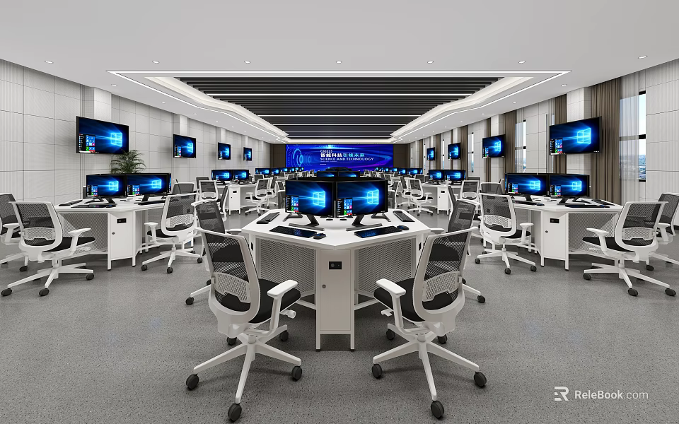 Modern Classroom With Multiple Computer Monitors Large Screens On Walls And Round Workstations 3d model 