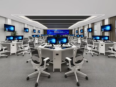 Modern Classroom With Multiple Computer Monitors Large Screens On Walls And Round Workstations 3d model