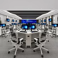 Modern Classroom With Multiple Computer Monitors Large Screens On Walls And Round Workstations