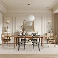 Elegant Dining Room Interior With Wooden Table Chairs Pendant Light And Wall Decor