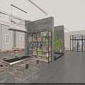Traditional Chinese Interior Space With Wooden Tables Calligraphy Works And Green Plants