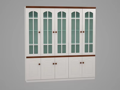 Modern White Bookcase With Glass Doors Wooden Trim And Storage Cabinets 3d model