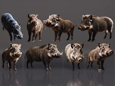 Various Wild Boars In Different Poses On Gray Background 3d model