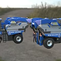 Two Blue New Holland Combine Harvesters Parked on Green Farm Grassland Road