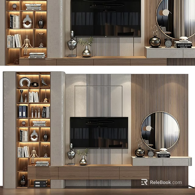 Modern TV Wall Interior With Wooden Panels Decorative Shelves And Mirror 3d model 
