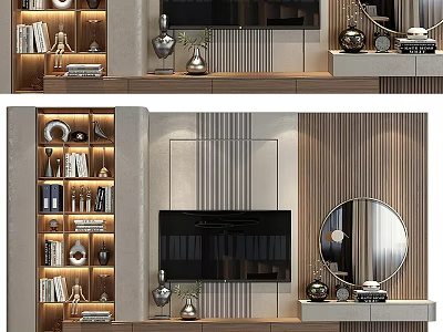 Modern TV Wall Interior With Wooden Panels Decorative Shelves And Mirror 3d model