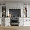 Classic White Kitchen Cabinets With Tile Backsplash And Wooden Floor 3d model
