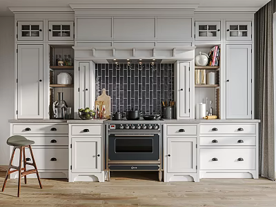 Classic White Kitchen Cabinets With Tile Backsplash And Wooden Floor 3d model