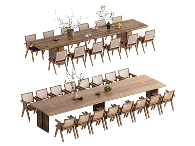Long Wooden Dining Table Set With Matching Chairs And Decorative Plants 3d model