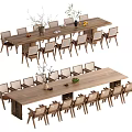 Long Wooden Dining Table Set With Matching Chairs And Decorative Plants