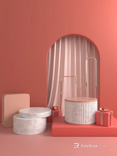 Display Shelves With Rose Gold Frames Marble Platforms Red Gift Boxes In Pink Arched Doorway 3d model 