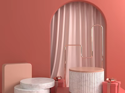 Display Shelves With Rose Gold Frames Marble Platforms Red Gift Boxes In Pink Arched Doorway 3d model
