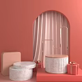 Display Shelves With Rose Gold Frames Marble Platforms Red Gift Boxes In Pink Arched Doorway
