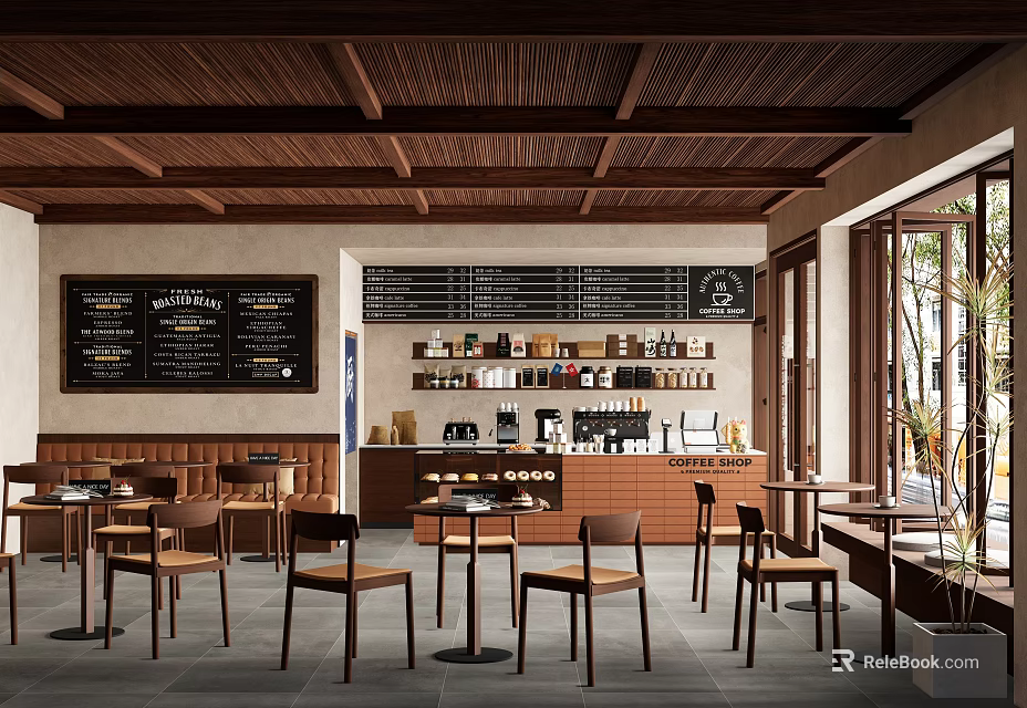 Cozy Café Interior With Wooden Ceiling Blackboard Menu Boards Counter Tables Chairs And Natural Light 3d model 
