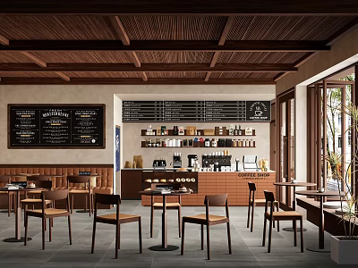 Cozy Café Interior With Wooden Ceiling Blackboard Menu Boards Counter Tables Chairs And Natural Light 3d model