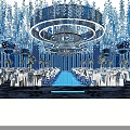 Elegant Blue Themed Banquet Hall with Circular Chandelier White Tables and Floral Decorations