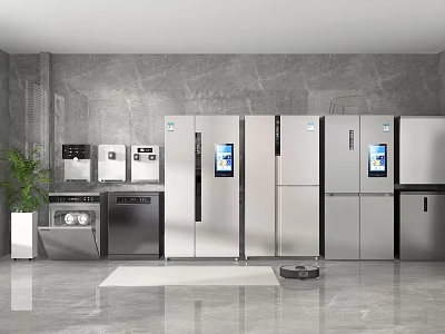 Modern Household Appliances Showcase In Contemporary Interior With Refrigerators Washing Machine Dishwasher And Robotic Vacuum 3d model