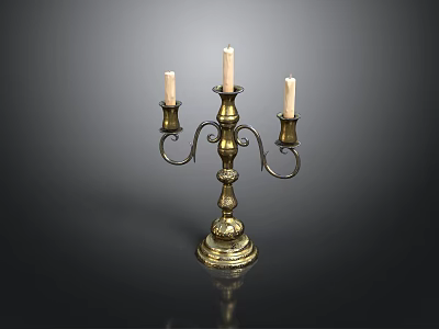 Brass Candelabra With Three Candles And Ornate Design On Black Background 3d model