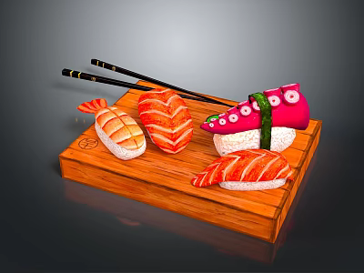 Fresh Assorted Sushi Pieces on Wooden Tray with Black Chopsticks and Colorful Toppings 3d model