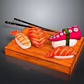 Fresh Assorted Sushi Pieces on Wooden Tray with Black Chopsticks and Colorful Toppings