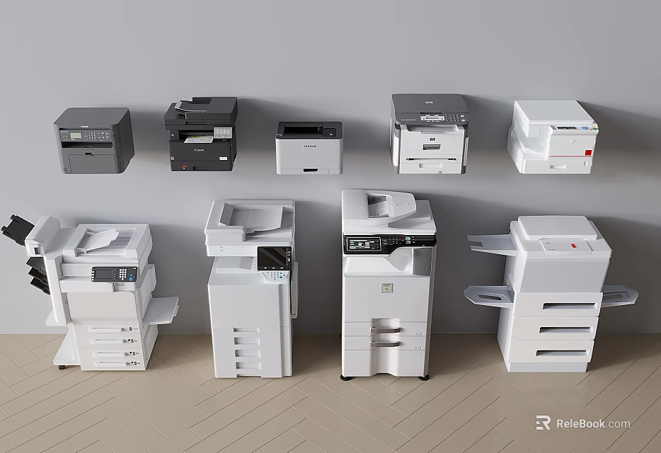 Various Black And White Office Appliances Including Multifunctional Printers And Different Models In Workspace 3d model 