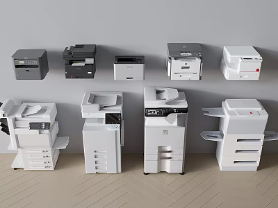 Various Black And White Office Appliances Including Multifunctional Printers And Different Models In Workspace 3d model