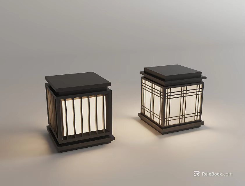 Modern Illuminated Square Decorative Lanterns With Black Frame And Glass Panels 3d model