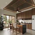 Warm Modern Kitchen Interior With Wooden Cabinets Island Counter And Woven Chairs