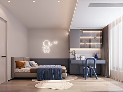 Kids Room Interior Design With Astronaut Neon Light Bed Blue Chair Desk And Rugs 3d model