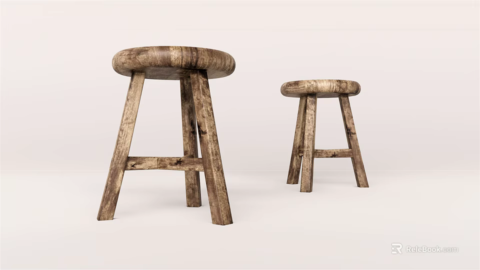 Rustic Wooden Bar Stools With Round Seats And Crossed Leg Design 3d model 