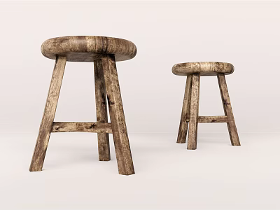 Rustic Wooden Bar Stools With Round Seats And Crossed Leg Design 3d model