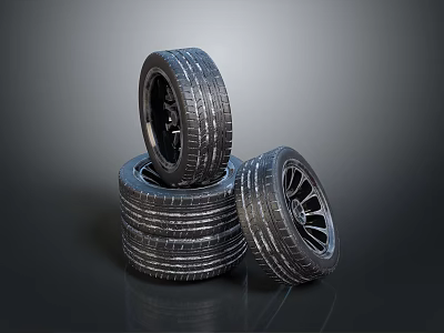 Multiple Stacked Black Tires With Exposed Rims On Dark Reflective Surface 3d model