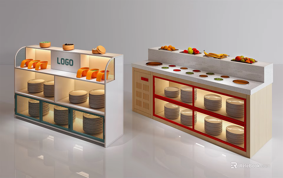 Modern Food Display Cabinets With Logo Bread Fruits Vegetables And Containers 3d model 