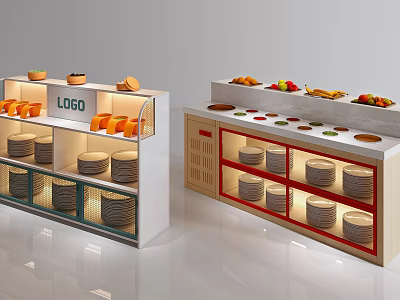 Modern Food Display Cabinets With Logo Bread Fruits Vegetables And Containers 3d model