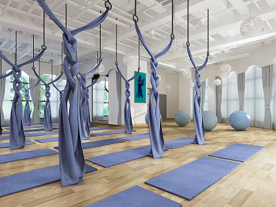 Bright Fitness Studio With Aerial Yoga Hammocks Blue Mats And Exercise Balls 3d model