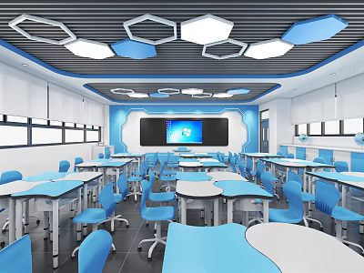 School Modern Classroom With Blue Desks Chairs Hexagonal Ceiling Lights Smart Board 3d model