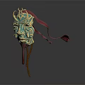Intricate Green Mask With Detailed Golden Decorations And Red Ribbons On Stand