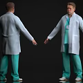 Man Wearing White Medical Coat And Green Scrub Pants Front Back Views