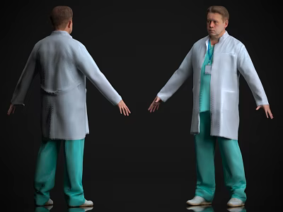 Man Wearing White Medical Coat And Green Scrub Pants Front Back Views 3d model
