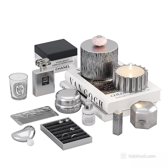 Decorative Ornament Set with Chanel Perfume Silver Candle Box Ring Case and Books 3d model 