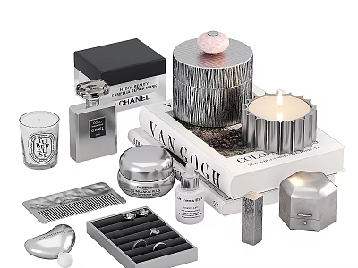 Decorative Ornament Set with Chanel Perfume Silver Candle Box Ring Case and Books 3d model