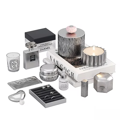 Decorative Ornament Set with Chanel Perfume Silver Candle Box Ring Case and Books 3d model