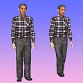 Man Wearing Plaid Shirt And Dark Pants Standing Against Blue Purple To Pink Gradient Background