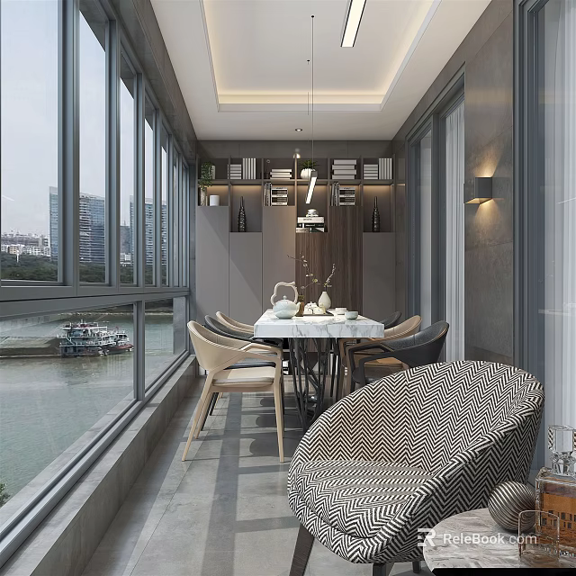 Modern Home Balcony With Large Windows River View Dining Table Chairs Bookshelves And Pendant Light 3d model 